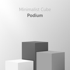 Minimal 3D realistic white and grey rectangle podium stand with three steps on a soft background. Perfect for cosmetic mockup, product display showcase, promotional sale banner or modern design