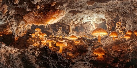 A dreamlike cave filled with radiant fungi growing along glowing pathways