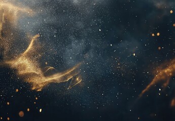 Obraz premium A mesmerizing swirl of golden dust dances against a dramatic dark backdrop, creating an enchanting and ethereal atmosphere, perfect for artistic and decorative themes.