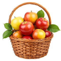 Basket of Red and Yellow Apples with Leaves, Isolated on White or Transparent Backgro