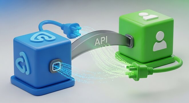 Conceptual illustration of data connection between two digital cubes, representing API integration.