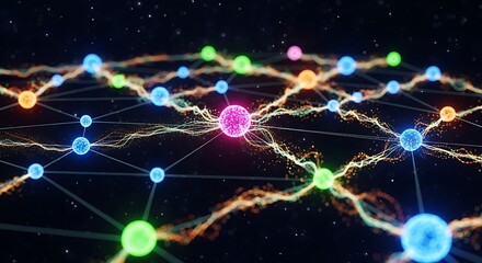 Vibrant interconnected nodes forming a dynamic network across a dark, cosmic background.