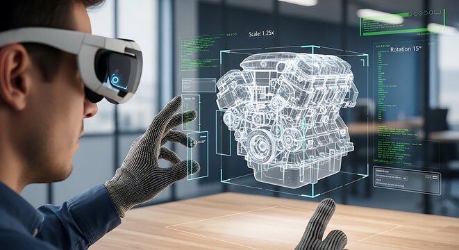 Engineer wearing VR glasses interacts with a 3D engine model in a modern office setting.