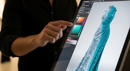 A designer uses a digital touchscreen to adjust the color palette of a 3D-rendered teal gown.