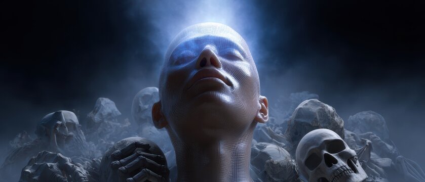 Human consciousness preservation and digital backup concept in futuristic setting