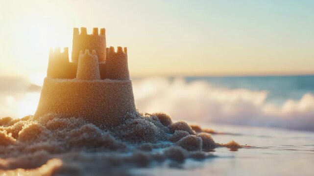 Sandy beach at sunrise with a child's sandcastle in front of the ocean. Sunlight beams on the water creating a serene and playful scene.