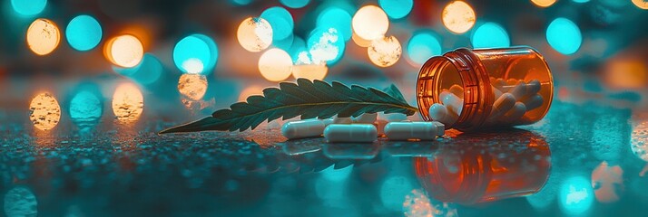 An artistic arrangement featuring white pills spilled from an orange prescription bottle next to a green cannabis leaf, set against a vibrant bokeh background of teal and orange lights.