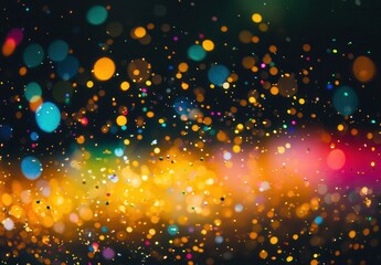 A vibrant abstract background featuring colorful bokeh lights with a mix of blues, golds, and pinks, creating a festive and lively atmosphere perfect for celebrations.
