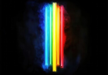 A vibrant display of glowing neon light bars in shades of green, blue, yellow, and red against a dark, smoky background, creating an energetic and dynamic atmosphere.
