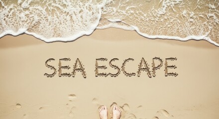 Text Sea Escape written in sand on beach with gentle waves washing ashore and two feet visible in foreground ocean water summer vacation travel holiday