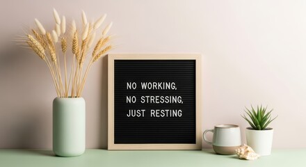 A black letter board with the message No Working No Stressing Just Resting is displayed between a vase of dried grasses and a potted succulent plant with a seashell nearby