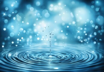 A mesmerizing close-up of a water droplet creating ripples in a serene blue background with blurred bokeh lights, evoking tranquility and beauty.