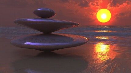 Tranquil sunset scene featuring stacked pebbles on a serene beach, reflecting vibrant hues of orange and purple from the sunset, creating a meditative ambiance.