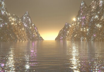 A breathtaking view of sparkling mountains reflecting in calm waters, with a golden sunset creating a serene and magical atmosphere. Perfect for a dreamy landscape art project.
