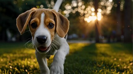 joyful beagle puppy sprinting across green grass chasing a bright yellow tennis ball, slow motion capture, outdoor park setting, sun flare in background, 