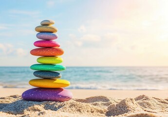 A vibrant stack of colorful stones balanced on sandy beach, symbolizing harmony and peace against a serene sea and bright sky background.
