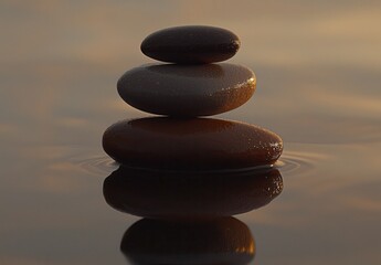 A serene stack of four smooth stones rests on calm water, reflecting the warm tones of the sunset, symbolizing balance and tranquility in nature.
