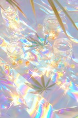 A serene and colorful arrangement featuring glass jars, sparkling marbles, and a cannabis leaf, all set against a shiny holographic backdrop that reflects various light patterns.