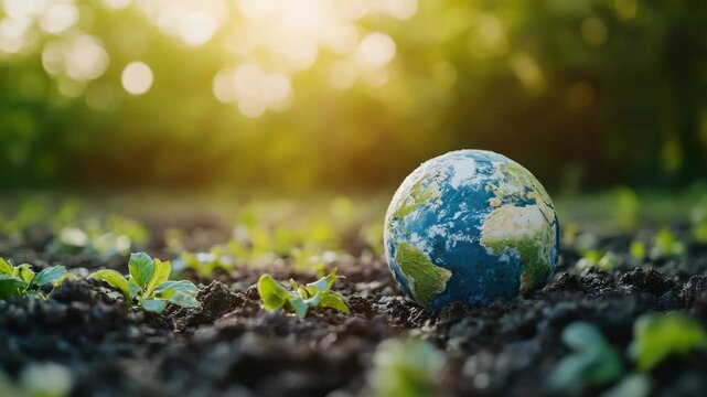 A close-up  of a blue and green Earth globe buried in soil, symbolizing environmental protection and growth. Sunlight filtering through the plants creates a peaceful ambiance.