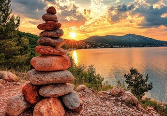 A serene sunset view featuring a carefully stacked stone cairn beside a tranquil water body, showcasing vibrant hues of orange and pink in the sky. Nature's tranquility at its best.