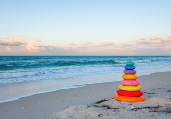 Colorful stone stack on a beach at sunset, with ocean waves gently lapping at the shore, creating a serene and peaceful atmosphere with vibrant hues reflecting in the sand.