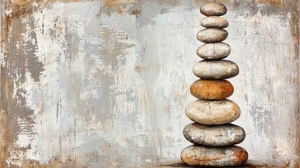 A serene stack of smooth stones balanced against a textured gray background, symbolizing harmony and stability, with earthy tones that evoke tranquility and calmness.