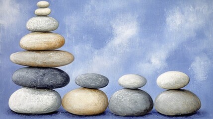 A serene arrangement of stacked pebbles in various shades of gray and white, symbolizing balance and harmony against a soft blue background with fluffy clouds.