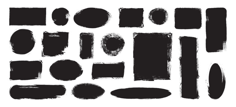 Brush frame rough rectangle box shape set. Grunge rectangle and circles brush set. Ink pen rectangles squares circles ovals collection. black ink brush strokes. Vector