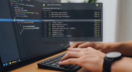Programmer coding on a computer, focusing on Javascript discount calculations.
