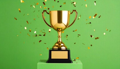 Golden trophy cup on a green background with falling confetti symbolizing victory and achievement