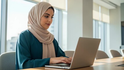 Focused Young Woman in Hijab Working on Laptop in Modern Office