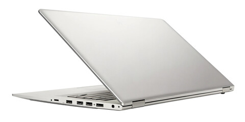 Back View of Half-Closed Laptop Isolated on Transparent Background
Partially Closed Notebook Computer, Rear View with Clipping Path