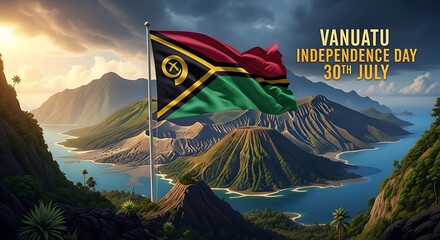 Vanuatu Independence Day: Majestic Volcanic Landscape with Flag