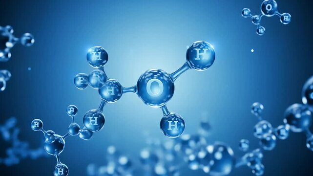Molecular Structure Representation on Blue Background with Glowing Spheres and Geometric Shapes