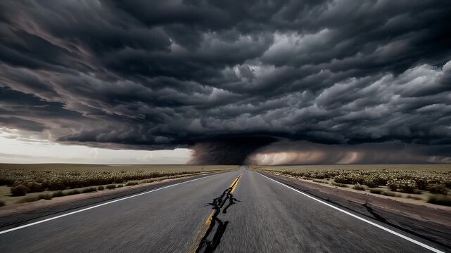 dramatic weather video deserted highway heading massive tornado storm lightning strikes crop fields ideal cinematic disaster es high tension 4k