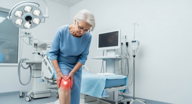 Elderly Woman with Acute Knee Pain in Modern Medical Examination Room