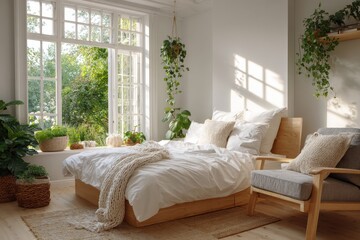 Bedroom plants, bright garden view, soft light. Interior design, home decor, wellness
