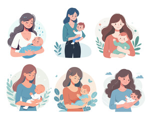 Fototapeta premium Set of Motherhood Bonding Moments with Baby Style Flat Design Vector White Background