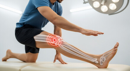 Man Stretching Leg with Digital Bone Overlay and Knee Pain Highlight: Injury & Therapy Concept