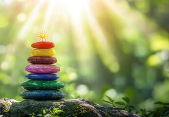 A tranquil stack of colorful stones symbolizes balance and harmony, illuminated by gentle sunlight in a lush, green setting. A small sun figure crowns the arrangement, enhancing serenity.
