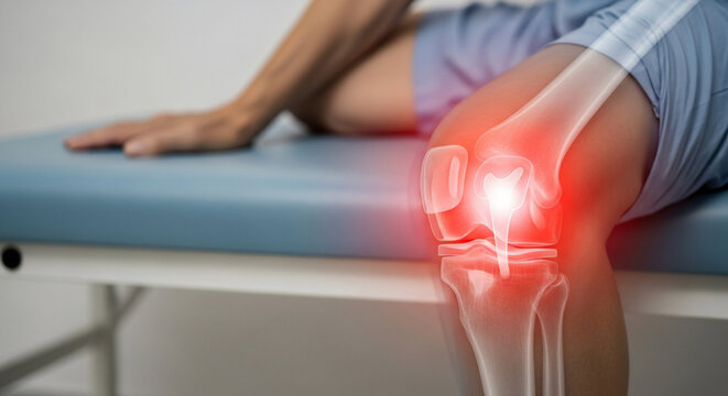 Knee Joint Pain and Injury: Skeletal X-ray Overlay with Red Highlight on Medical Table
