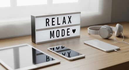 Illuminated sign displaying 'RELAX MODE' with a heart symbol sits on a wooden surface next to white headphones a smartphone and a tablet Technology Music