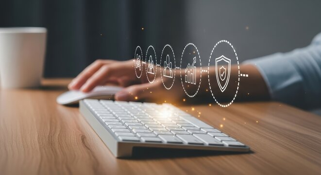 Person using computer keyboard and mouse with digital icons showing team growth and security user hand office technology data analytics statistics finance