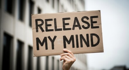 A hand holding a cardboard sign with the words RELEASE MY MIND written in black marker against a blurred urban building backdrop freedom expression protest