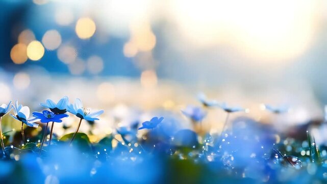 Serene Springtime: Blue Flowers in Morning Sunlight
