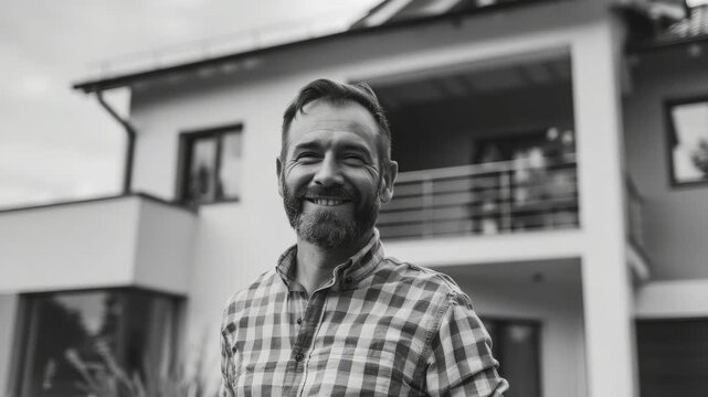 A content person in front of a house on a sunny day.