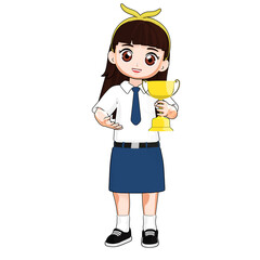 Schoolgirl proudly holding a golden trophy. Great for themes of achievement, competition, or school success.

