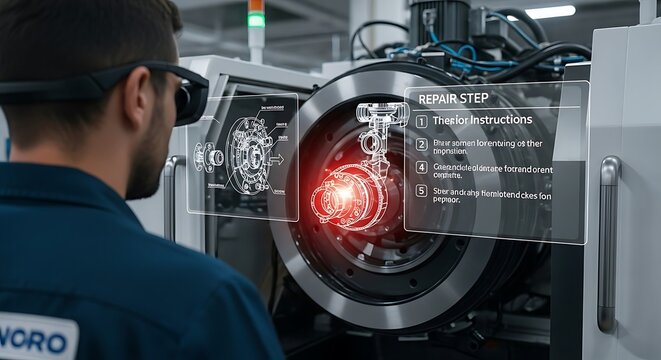 Technician using augmented reality glasses to inspect complex machinery, overlaid with digital schematics and instructions. - Powered by Adobe