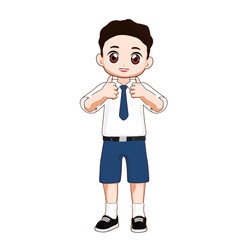 Cartoon boy adjusting his school tie. Good for themes of discipline, preparation, neatness, or back-to-school visuals.

