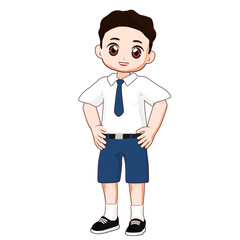 Fototapeta premium Vector illustration of a confident school boy standing with hands on waist in uniform. Suitable for educational themes.
